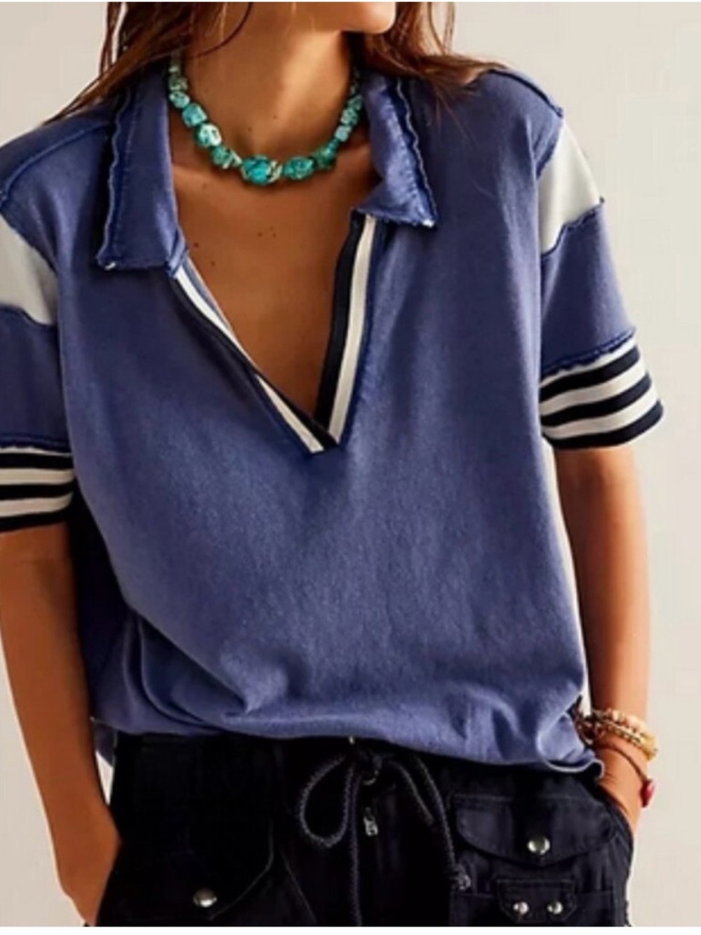 NWT We The Free Be Kind V Neck Stripped Polo Tunic Tee